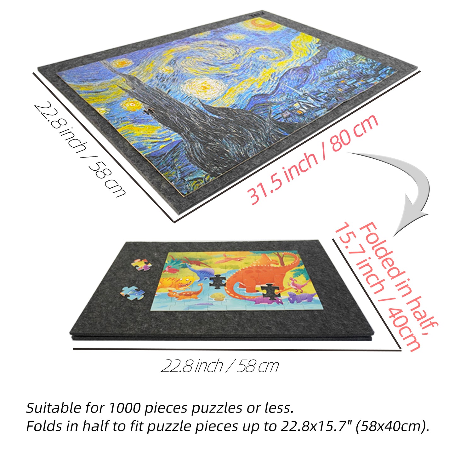 TELY Foldaway Puzzle Board - Large Size 31.5" x 22.8"(80 x 58cm) - Felt Mat for up to 1000 Pieces of Jigsaw Puzzle - Foldable for Easy Storage - Portable Puzzle Pad