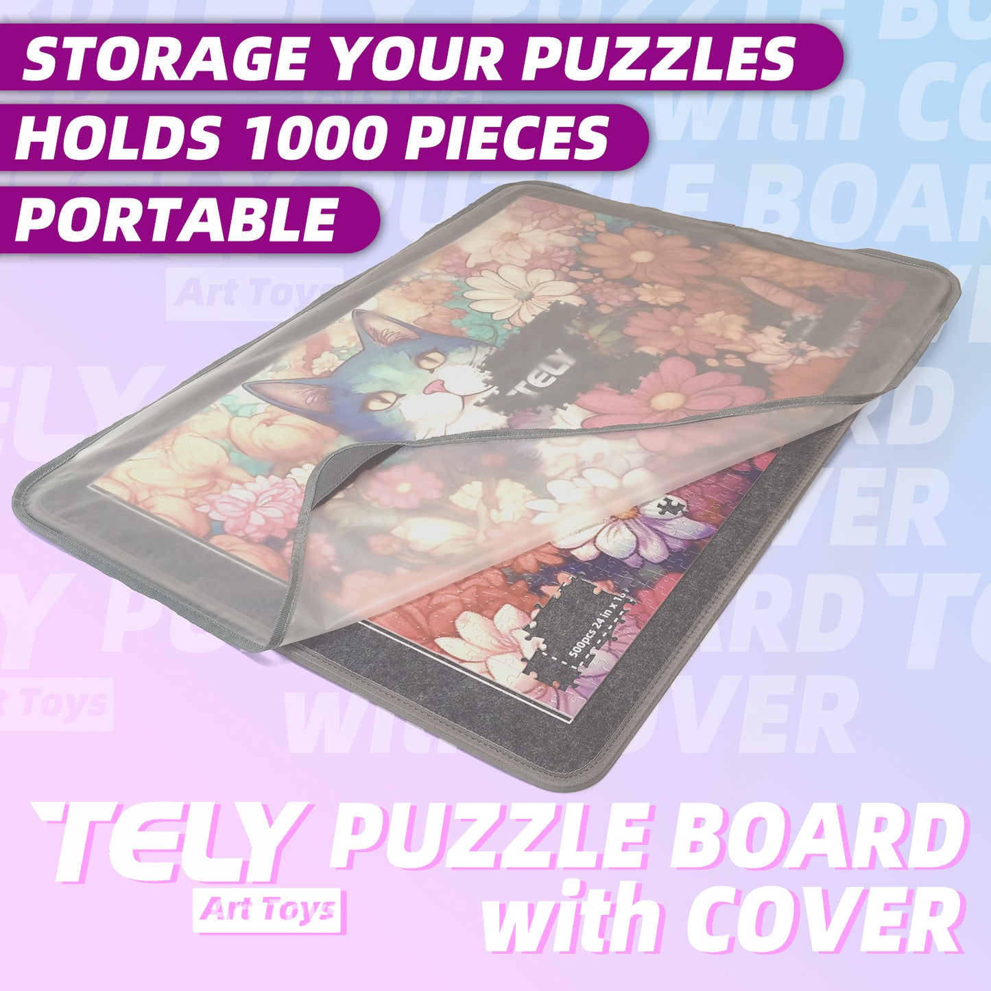 TELY Stiff-Felt Puzzle Board with Cover - Up to 1000 Pieces - Easy-Move - Storage Puzzles - Non-Slip Surface - Portable and Lightweight for Adults