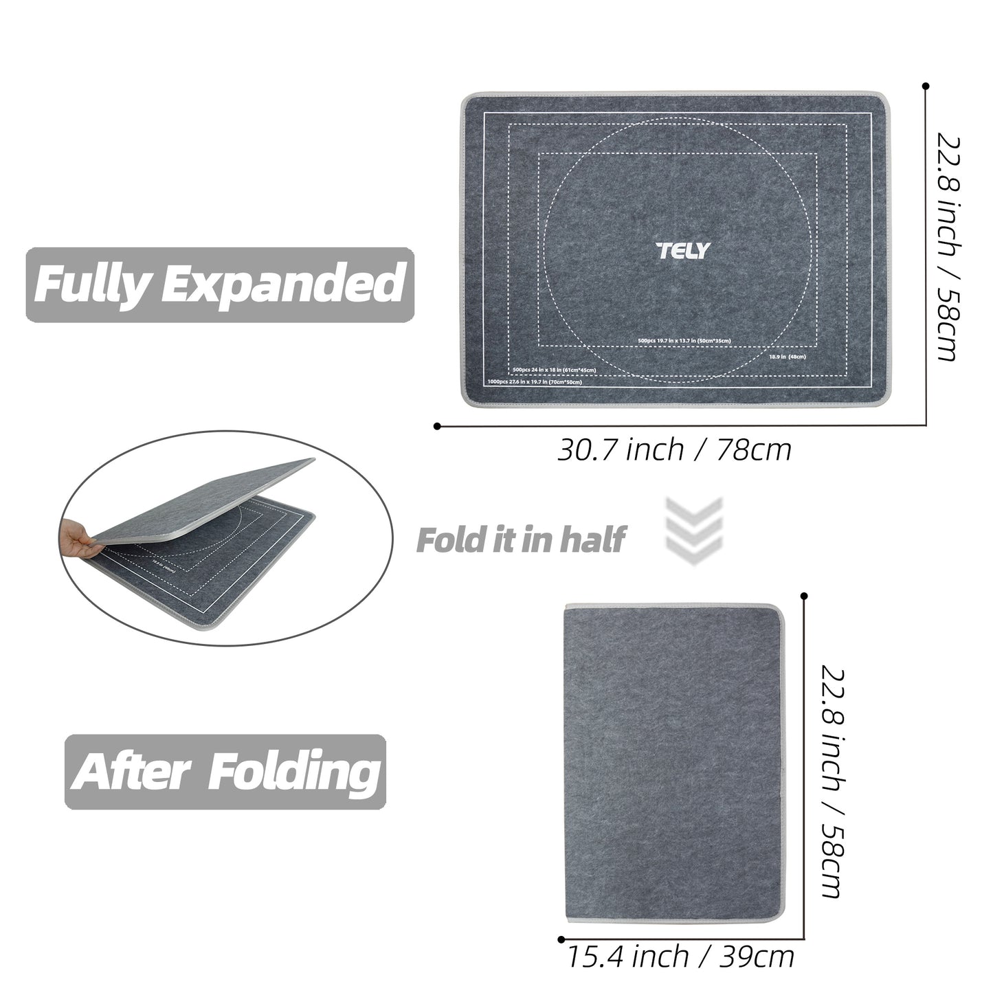 TELY Faltbares Puzzle-Brett – robuste, harte Filzplatte, rutschfeste Oberfläche, tragbar & leicht, für bis zu 1000 Teile, Puzzle-Unterlage für Tisch, Schoß oder Puzzle-Ständer